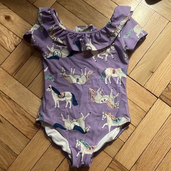 Hanna Anderson purple pony ruffle swimsuit sz 120cm US 6-7, used - Picture 2 of 7